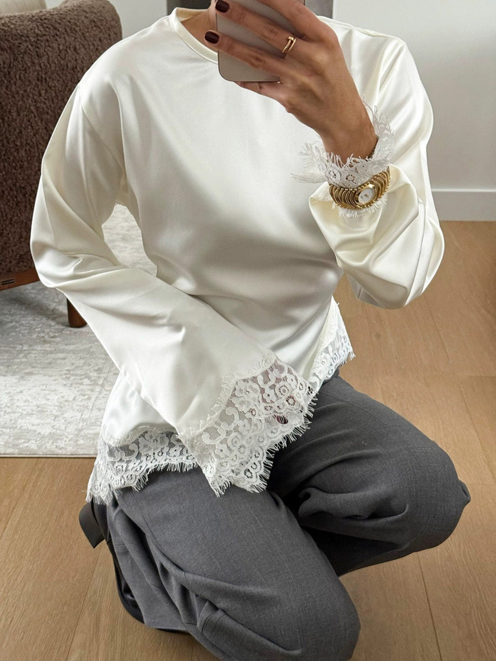 ZARA Fashion Casual Solid Lace Splicing Shirt Elegant Commuter Versatile Top